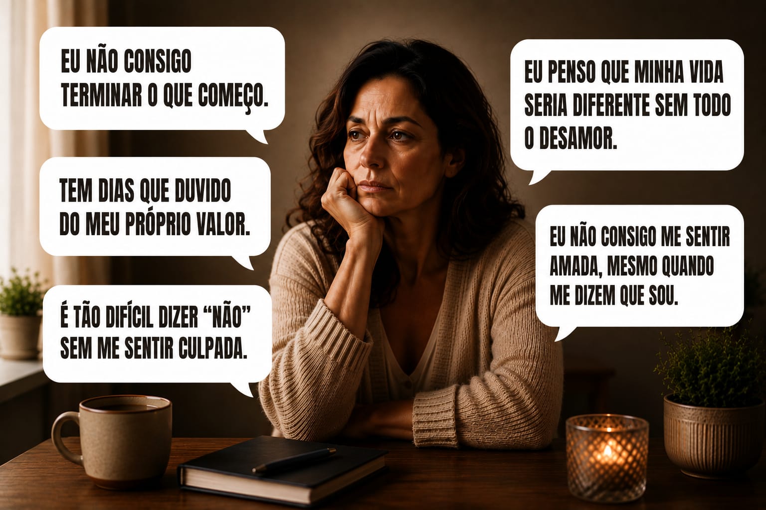 Mulher sentada à mesa cercada por balões de pensamentos